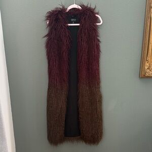 Top Shop Ombré Faux Fur Festival Long Vest in Burgundy Brown Sz 2